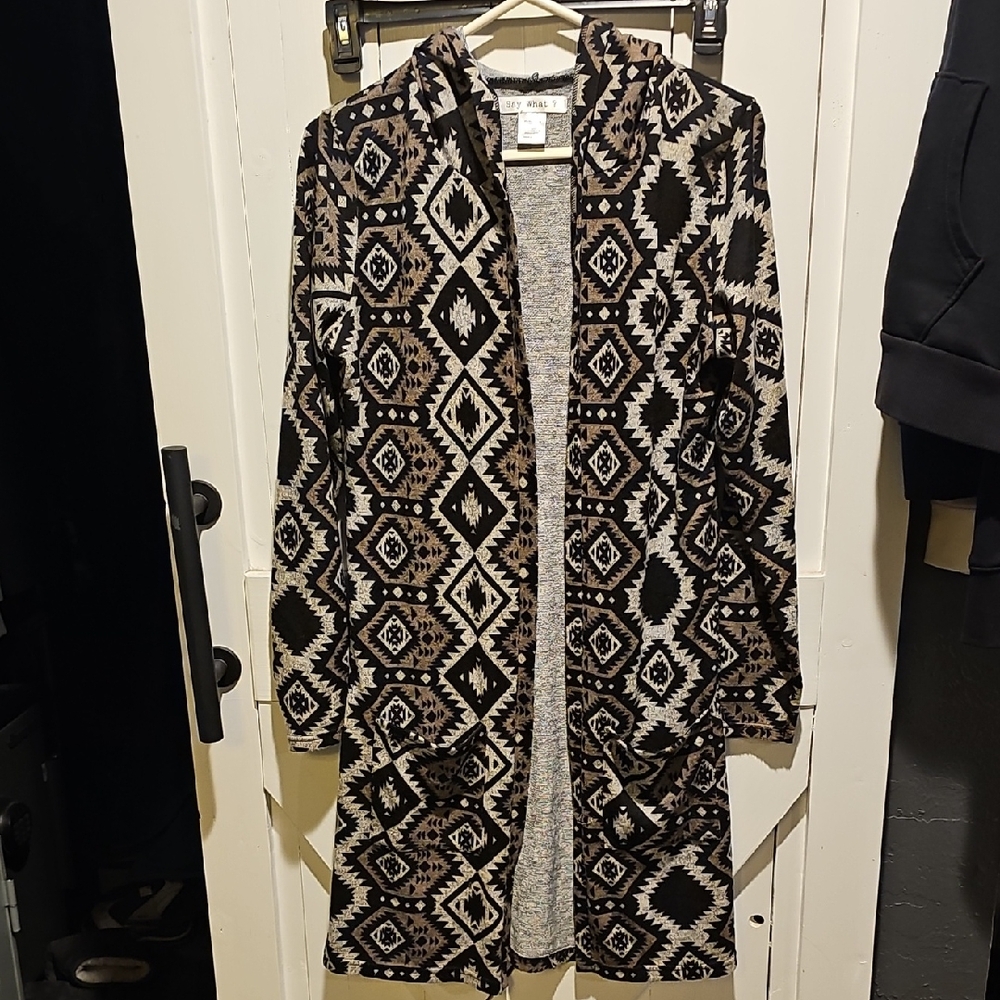 New York & Company Geometric Black and Cream Cardigan